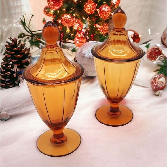 Vintage Mid Century Cambridge Amber Glass Compote Candy Dishes Pair - 8.5" Tall - Picture 5 of 14
